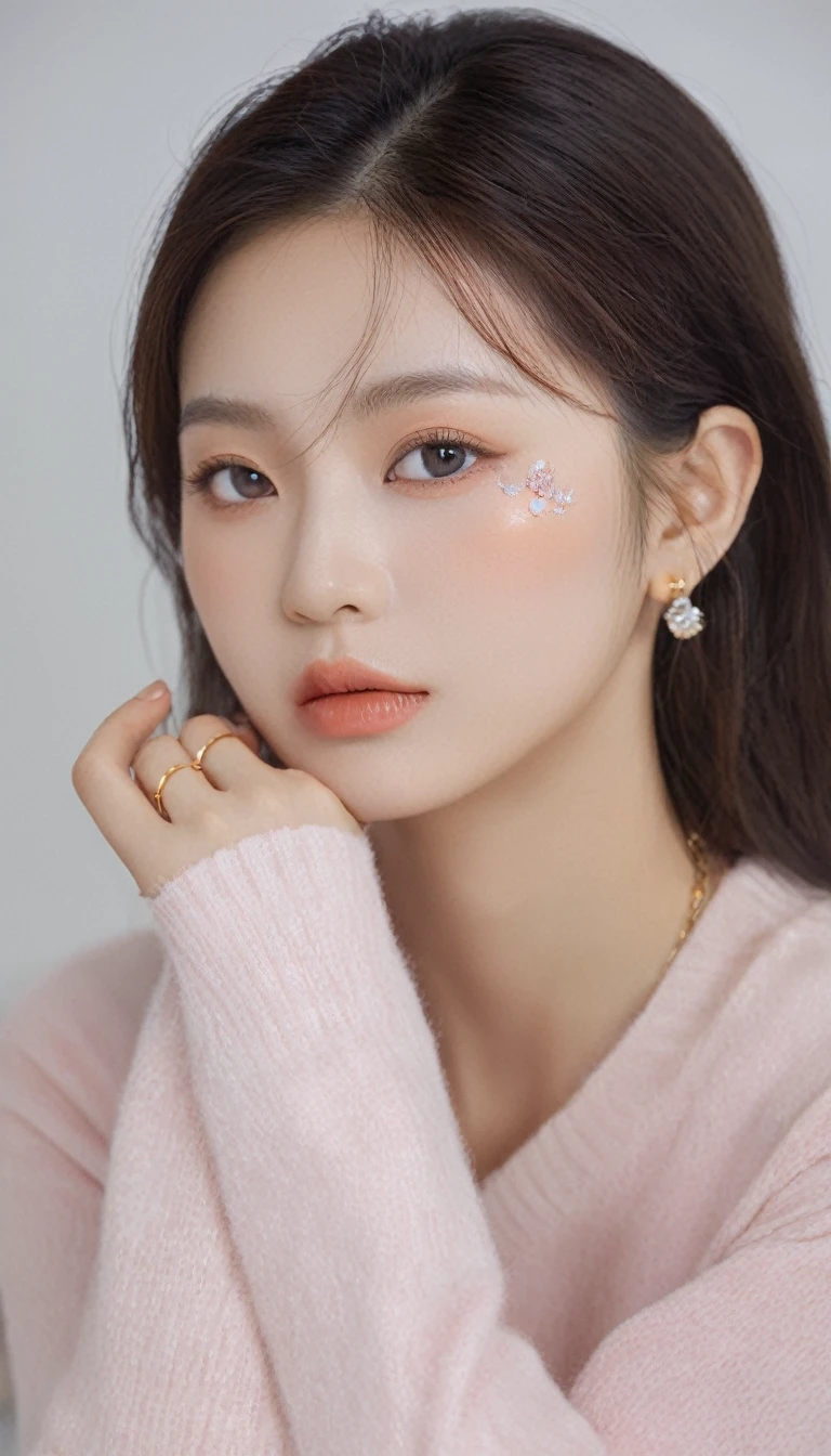 front photo, elegant woman, (Photorealsitic)、(intricate detailes:1.2)、(masterpiece、:1.3)、beauty face, (top-quality:1.4)、(超A high resolution:1.2)、超A high resolution、(A detailed eye)、(detailed facial features), ((Realistic lighting、top-quality、8K、natural light, masterpiece:1.3))、bright photo, Clear focus:1.2、1girl in、flawless beauty:1.4、Superfine Face、wear kitty band and sweater, gorgeous young korean woman, beautiful young korean woman, beautiful south korean woman, korean girl, ulzzang, lovely delicate face, young adorable korean face, popular korean makeup, beautiful asian girl, girl cute-fine-face, korean woman, sakimichan, popular south korean makeup, big Narrow-eyed、double eyelid、photos realistic, perfect eyes, perfect skin, detailed skin, detailed face, looking viewer, front view, potrait, raw photo, simple soft pink background, (intricate detailed skin textured:1.4) front view, looking viewer, clear face, 1 girl、porate、Bright and very beautiful face、beautiful girl, A stunning close-up portrait showcasing the beauty of a Korean model. The composition features soft, natural lighting , bright eyes, and striking cheekbones. Her glossy, The background is simply black background, wear black sweetshirt, neat hair, long hair, instagram model, profil picture, bright and natural