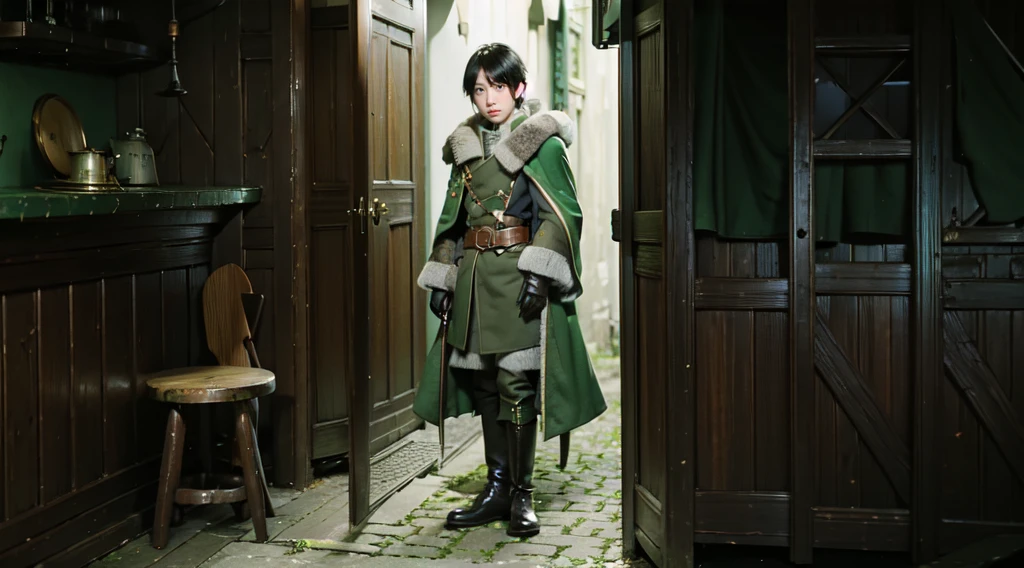 yuichiro hyakuya, (WithoutFear:1), 1 boy, black hair, green eyes, brown coat, gray armor, green shield, green cloak, dark brown gloves, town, white fur trim, anime, standing, good quality, portrait, looking at viewer