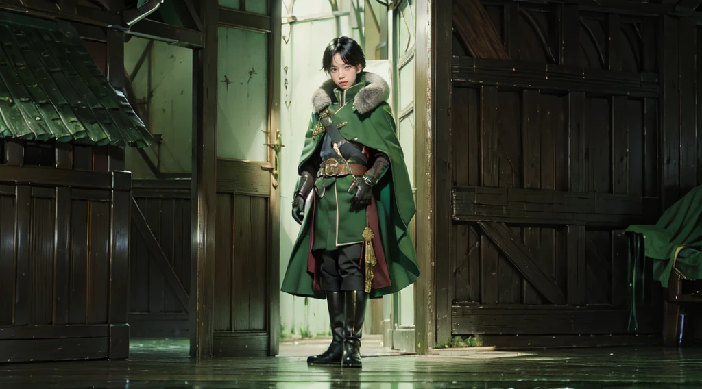 yuichiro hyakuya, (WithoutFear:1), 1 boy, black hair, green eyes, brown coat, gray armor, green shield, green cloak, dark brown gloves, town, white fur trim, anime, standing, good quality, portrait, looking at viewer