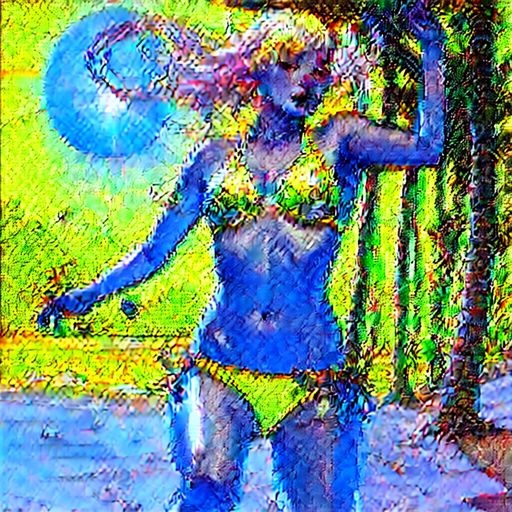 Vibrant, playful+erotic art by Tara McPherson, by Camilla d'Errico, by Junko Mizuno, a radiant beach volleyball player leaps for a spike, clad in a tiny+shimmering bikini with iridescent accents, her golden skin glows in the sunlight, as she freezes in mid-air, sunny beach court, palm trees swaying, ocean breeze. Dynamic action shot, radiant lighting