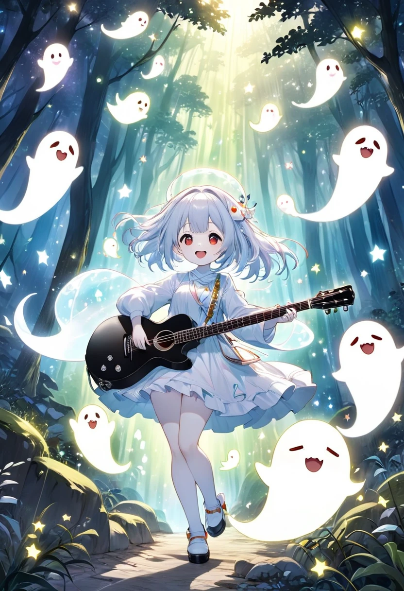 best quality, super fine, 16k, 2.5D, delicate and dynamic depiction, cute ghost live performance, singing, dancing notes, playing star-shaped transformed guitar, deep forest cave illuminated by moonlight, Shigeru Mizuki's art style, rough and cute illustrations, cute ghost fantasy, sparkling effects, ghost effects