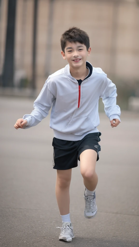 12-year-old boy,Smile，Spread your white and slender legs，jogging，full body，8K(nsfw)Delicate facial features，Handsome，8K