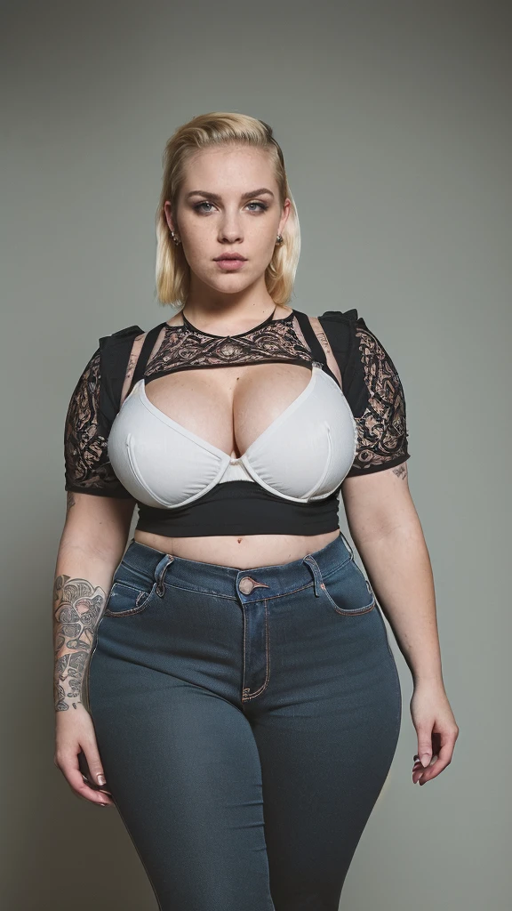 Realistic cinematic 8k (((full body photo))) of a ((((thick plus size, busty, voluptuous, white pale skin punk goth girl with huge tits and curvaceous athletic body, blonde hairs with side undercut, wearing scoop lower neck black crop top with very very short sleeves and that is conspicuous to her tit's cleavage and below wearing very short torn blue jeans), breath taking realistic, 3/4 Shot (means the person is slightly turned to the sides-for Portrait images)))), Shot Angles - hip level shot , award-winning, professional, highly detailed . 35mm photograph, film, bokeh, professional, ((((highly detailed eyes, hands and skin, with intricate details))))