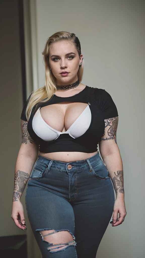 Realistic cinematic 8k (((full body photo))) of a ((((thick plus size, busty, voluptuous, white pale skin punk goth girl with huge tits and curvaceous athletic body, blonde hairs with side undercut, wearing scoop lower neck black crop top with very very short sleeves and that is conspicuous to her tit's cleavage and below wearing very short torn blue jeans), breath taking realistic, 3/4 Shot (means the person is slightly turned to the sides-for Portrait images)))), Shot Angles - hip level shot , award-winning, professional, highly detailed . 35mm photograph, film, bokeh, professional, ((((highly detailed eyes, hands and skin, with intricate details))))