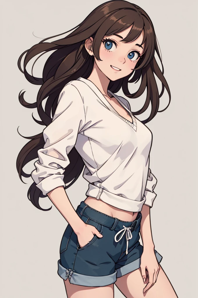(((masterpiece, best quality, ultra highres, 1 girl, solo, no background))), super detailed skin and face and eyes and finger, beautiful japanese woman, small breasts:1.5, skinny, light brown hair, white background, very short pixie hair, Knee shot, Generate with illustrations, Various expressions, Various poses, Please draw the entire character within the frame, ensuring that the head, arms, and legs are not cut off. The background should be simple, with the character positioned centrally, outline, anime, 2d, laugh, boyish, camisole, shorts,