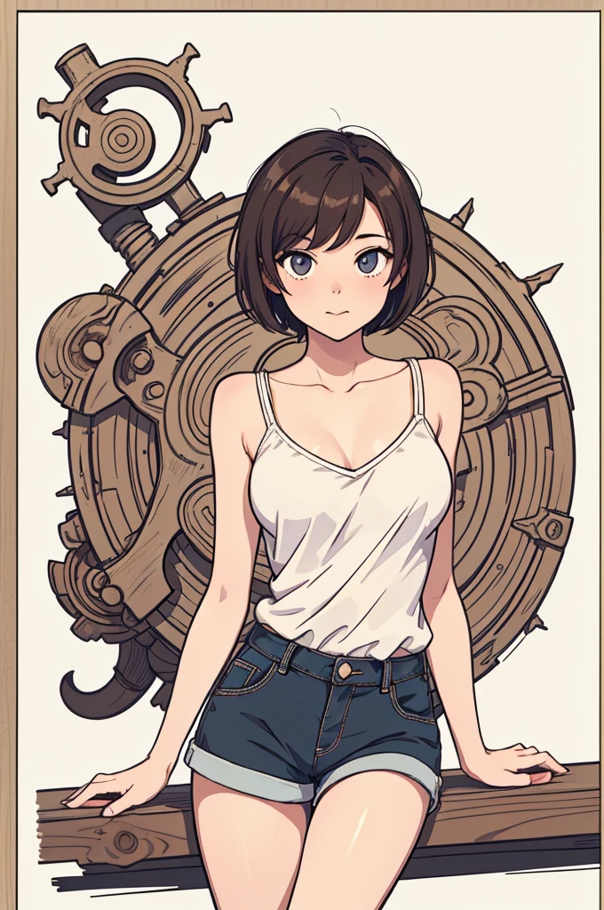 (((masterpiece, best quality, ultra highres, 1 girl, solo, no background))), super detailed skin and face and eyes and finger, beautiful japanese woman, small breasts:1.5, skinny, light brown hair, white background, very short pixie hair, Knee shot, Generate with illustrations, Various expressions, Various poses, Please draw the entire character within the frame, ensuring that the head, arms, and legs are not cut off. The background should be simple, with the character positioned centrally, outline, anime, 2d, laugh, boyish, camisole, shorts, 