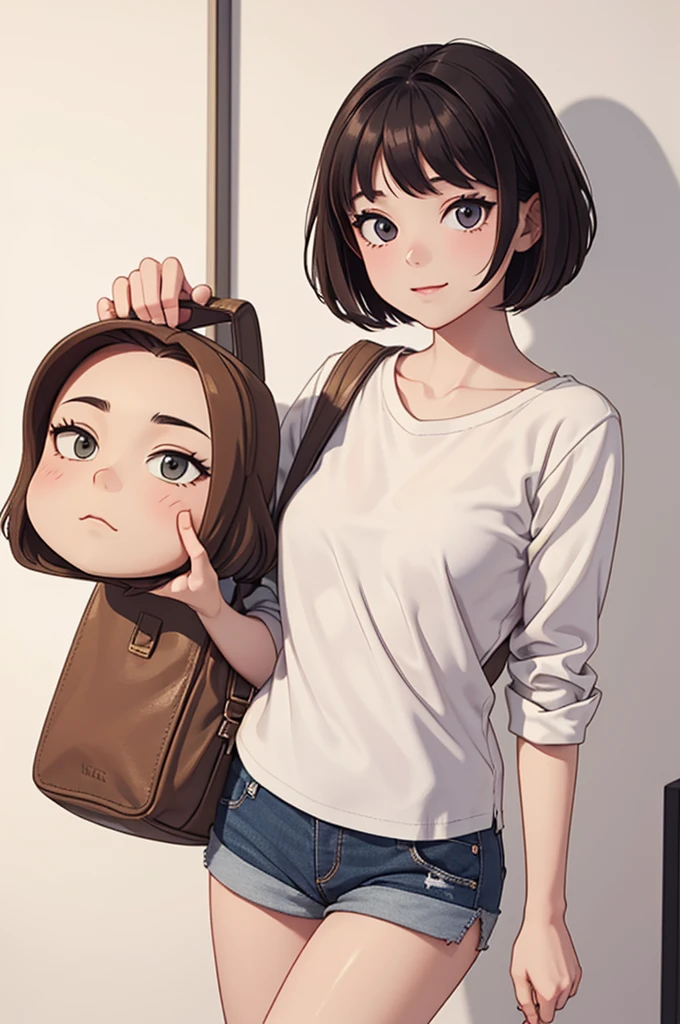 (((masterpiece, best quality, ultra highres, 1 girl, solo, no background))), super detailed skin and face and eyes and finger, beautiful japanese woman, small breasts:1.5, skinny, light brown hair, white background, very short pixie hair, Knee shot, Generate with illustrations, Various expressions, Various poses, Please draw the entire character within the frame, ensuring that the head, arms, and legs are not cut off. The background should be simple, with the character positioned centrally, outline, anime, 2d, laugh, boyish, camisole, shorts,