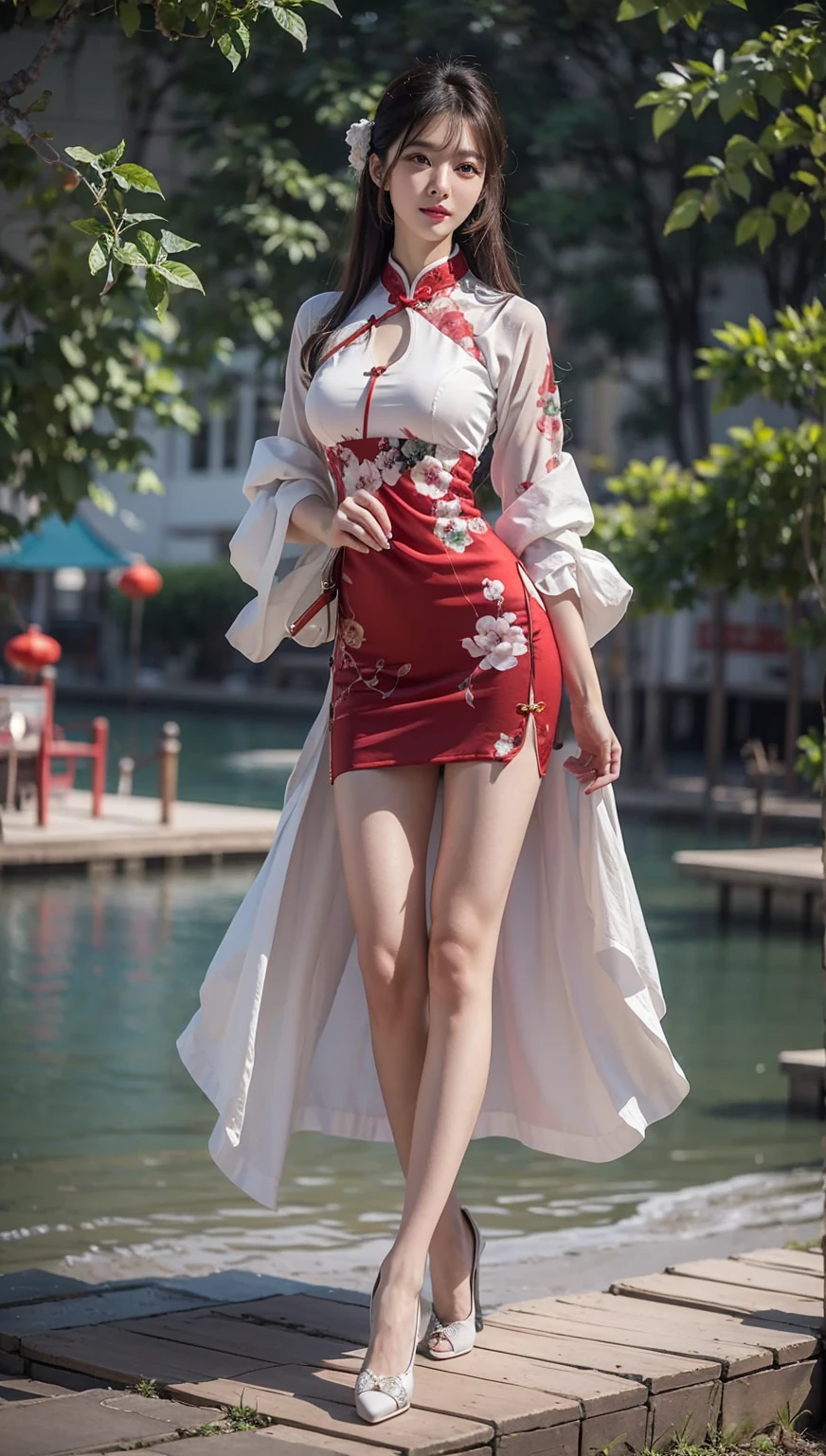 Beautiful Chinese waifu, early 30s, brunette hair, white and red qipao, white high heels 