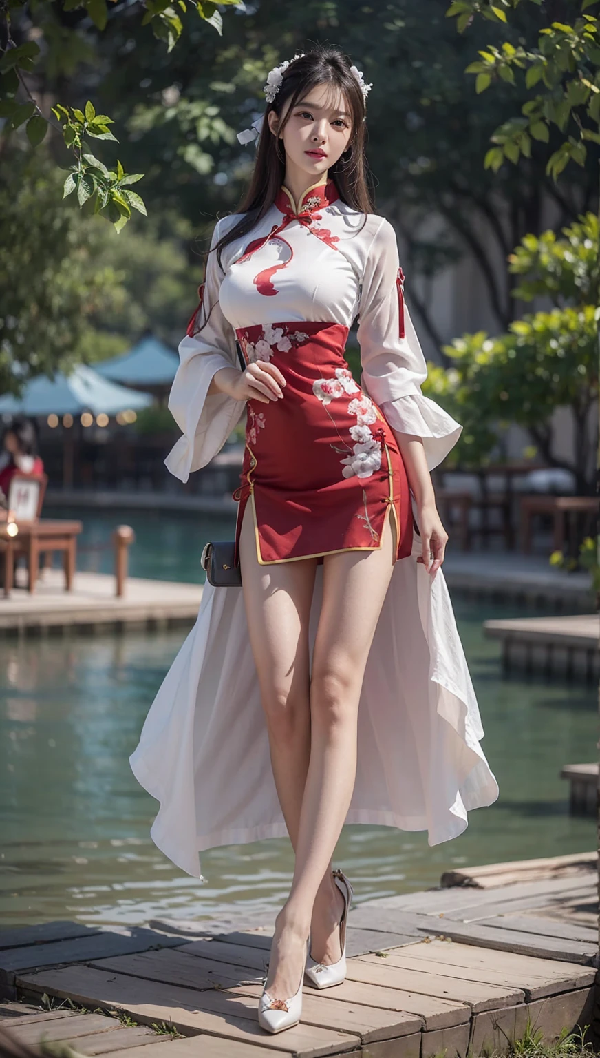 Beautiful Chinese waifu, early 30s, brunette hair, white and red qipao, white high heels 