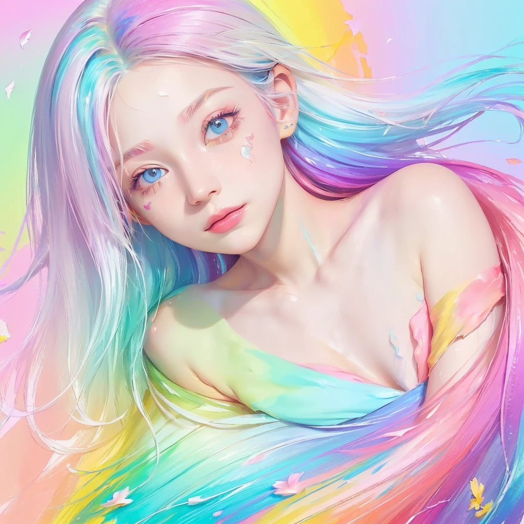 (Pink Fashion T-shirt:1.9),(Colorful hair: 1.8), (all the colours of the rainbow: 1.8),(((((vertical painting:1.6))), (painting:1.6),front, comics, illustrations, paintings, large eyes, crystal clear eyes,( rainbow color gradient high ponytail:1.7), exquisite makeup, closed mouth,(Small Fresh: 1.5),(Wipe Chest: 1.6) ,long eyelashes, white off shoulder T-shirt, White Shoulder Shirt,looking at the audience, large watery eyes, (rainbow colored hair:1.6), color splash, (solo:1.8), color splash, color explosion, thick paint style, messy lines, ((shining)),(colorful), (colorful), (colorful), colorful, Thick Paint Style, (Splash) (Color Splash), Vertical Painting, Upper Body, Paint Splash, Acrylic Pigment, Gradient, Paint, Highest Image Quality, Highest Quality, Masterpiece, Solo, Depth of Field, Face Paint, colorful clothes, (Elegant: 1.2), gorgeous,long hair, wind, (Elegant: 1.3), (Petals: 1.4),(((masterpiece))),(((best quality))),((ultra-detailed)),(illustration),(dynamic angle),((floating)),(paint),((disheveled hair)),(solo),(1girl) , (((detailed anima face))),((beautiful detailed face)),collar,bare shoulders,white hair, ((colorful hair)),((streaked hair)),beautiful detailed eyes,(Gradient color eyes),(((colorful eyes))),(((colorful background))),(((high saturation))),(((surrounded by colorful splashes))),