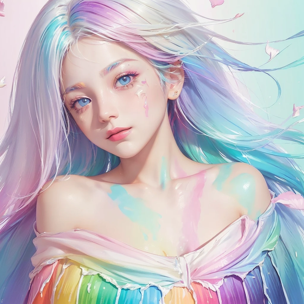 (Pink Fashion T-shirt:1.9),(Colorful hair: 1.8), (all the colours of the rainbow: 1.8),(((((vertical painting:1.6))), (painting:1.6),front, comics, illustrations, paintings, large eyes, crystal clear eyes,( rainbow color gradient high ponytail:1.7), exquisite makeup, closed mouth,(Small Fresh: 1.5),(Wipe Chest: 1.6) ,long eyelashes, white off shoulder T-shirt, White Shoulder Shirt,looking at the audience, large watery eyes, (rainbow colored hair:1.6), color splash, (solo:1.8), color splash, color explosion, thick paint style, messy lines, ((shining)),(colorful), (colorful), (colorful), colorful, Thick Paint Style, (Splash) (Color Splash), Vertical Painting, Upper Body, Paint Splash, Acrylic Pigment, Gradient, Paint, Highest Image Quality, Highest Quality, Masterpiece, Solo, Depth of Field, Face Paint, colorful clothes, (Elegant: 1.2), gorgeous,long hair, wind, (Elegant: 1.3), (Petals: 1.4),(((masterpiece))),(((best quality))),((ultra-detailed)),(illustration),(dynamic angle),((floating)),(paint),((disheveled hair)),(solo),(1girl) , (((detailed anima face))),((beautiful detailed face)),collar,bare shoulders,white hair, ((colorful hair)),((streaked hair)),beautiful detailed eyes,(Gradient color eyes),(((colorful eyes))),(((colorful background))),(((high saturation))),(((surrounded by colorful splashes))),