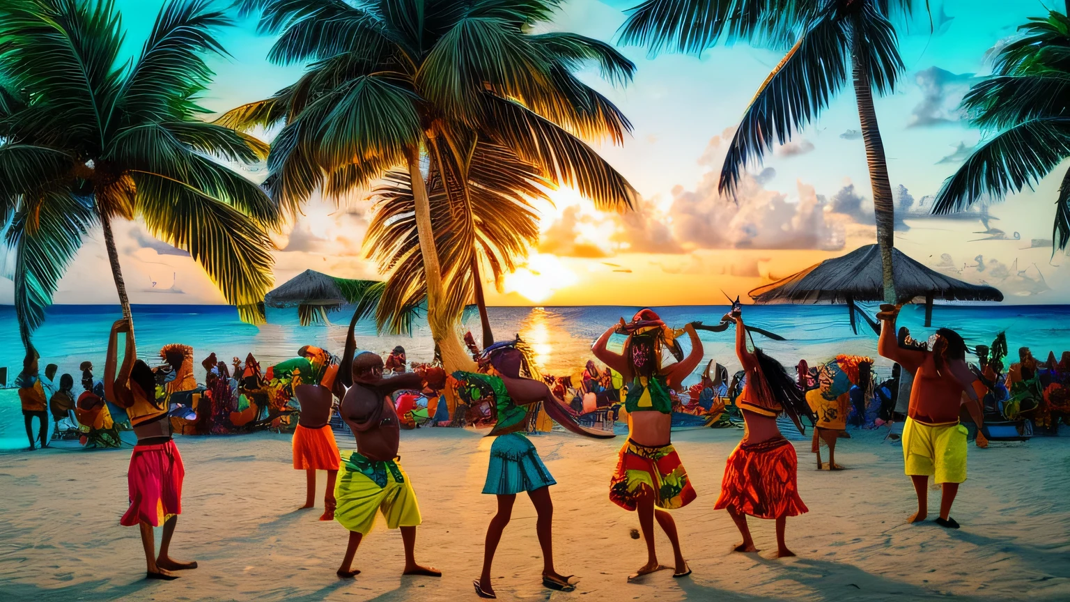 「Imagine a Caribbean sunset under palm trees., With a reggae band playing. People dancing to music々Shooting, Brightly dressed Rastafarian style. Depict the ocean breeze blowing through, Create a fun atmosphere.