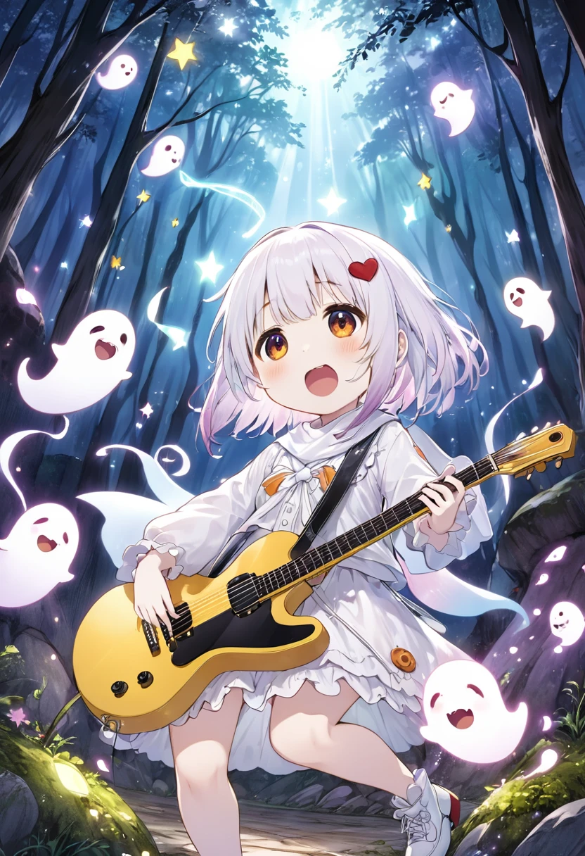 best quality, super fine, 16k, 2.5D, delicate and dynamic depiction, cute ghost live performance, singing, dancing notes, playing star-shaped transformed guitar, deep forest cave illuminated by moonlight, Shigeru Mizuki's art style, rough and cute illustrations, cute ghost fantasy, sparkling effects, ghost effects