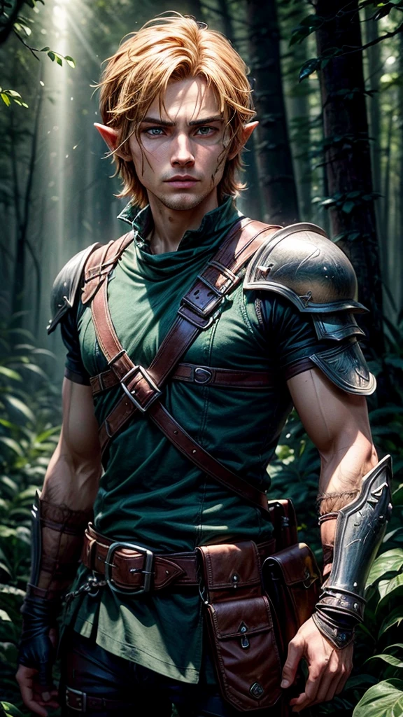 A highly detailed, hyperrealistic digital portrait of Link from The Legend of Zelda, extremely detailed facial features, piercing blue eyes, sharp jawline, tousled brown hair, confident expression, intricate chainmail armor, leather straps and pouches, lush forest background with rays of light, 8k, photorealistic, cinematic lighting, masterpiece