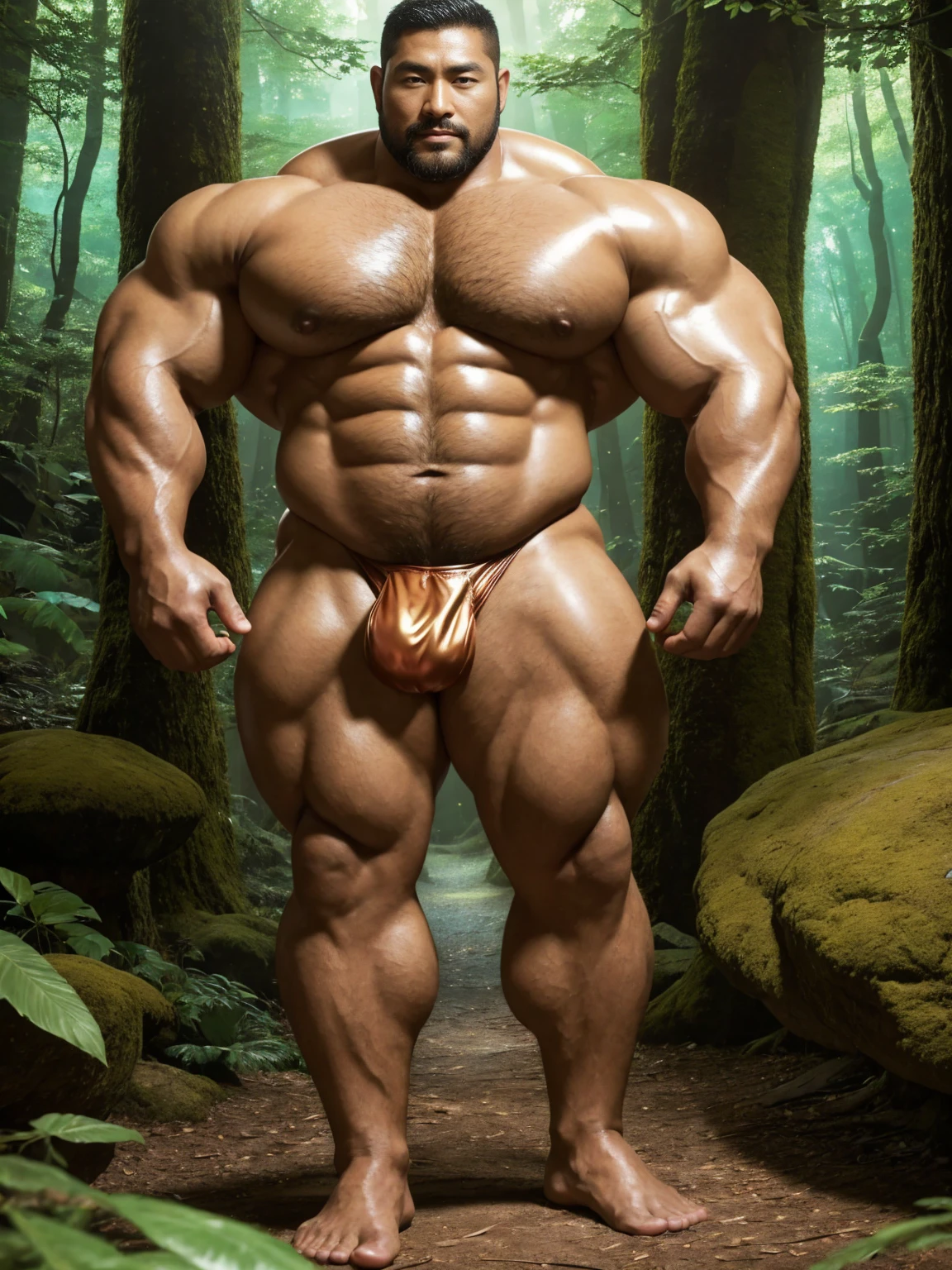 There is only one handsome Asian actor in the photo,35 years old,High target, Fitness,short hair, O-Shaped Beard,Perfect body, Dark skin color,Radiant Skin,Smooth skin,Shiny, shiny skin,Smooth pectoral muscles,No chest hair,No body hair,Muscle bulge, muscular, Very large pectoral muscles,Very sexy abdominal muscles,Very well-developed leg muscles,Huge concave and convex area,Brightens oily skin,Wearing a shiny gold leather thong,Handsome face,Normal human toes,Correct and accurate male body proportions,,Enchanting dream scene of standing in a fantasy forest, Glowing mushrooms and hidden fairy canyons, Create a mysterious and charming feeling