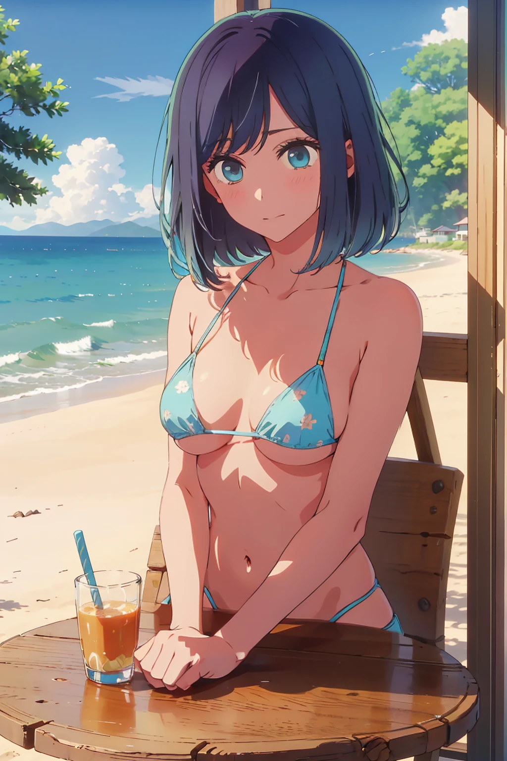 (Highest quality:1.4、masterpiece:1.4、Super detailed:1.4、8K:1.4)、((((1 person、Surprised expression、sit、Outdoor café terrace、coastal、juice、table、Sandy Beach、juiceのグラスを持つ、Micro Bikini、Very soft boobs、Big eyes、Very cute face))))、F cup bust、Medium breast、Underboob