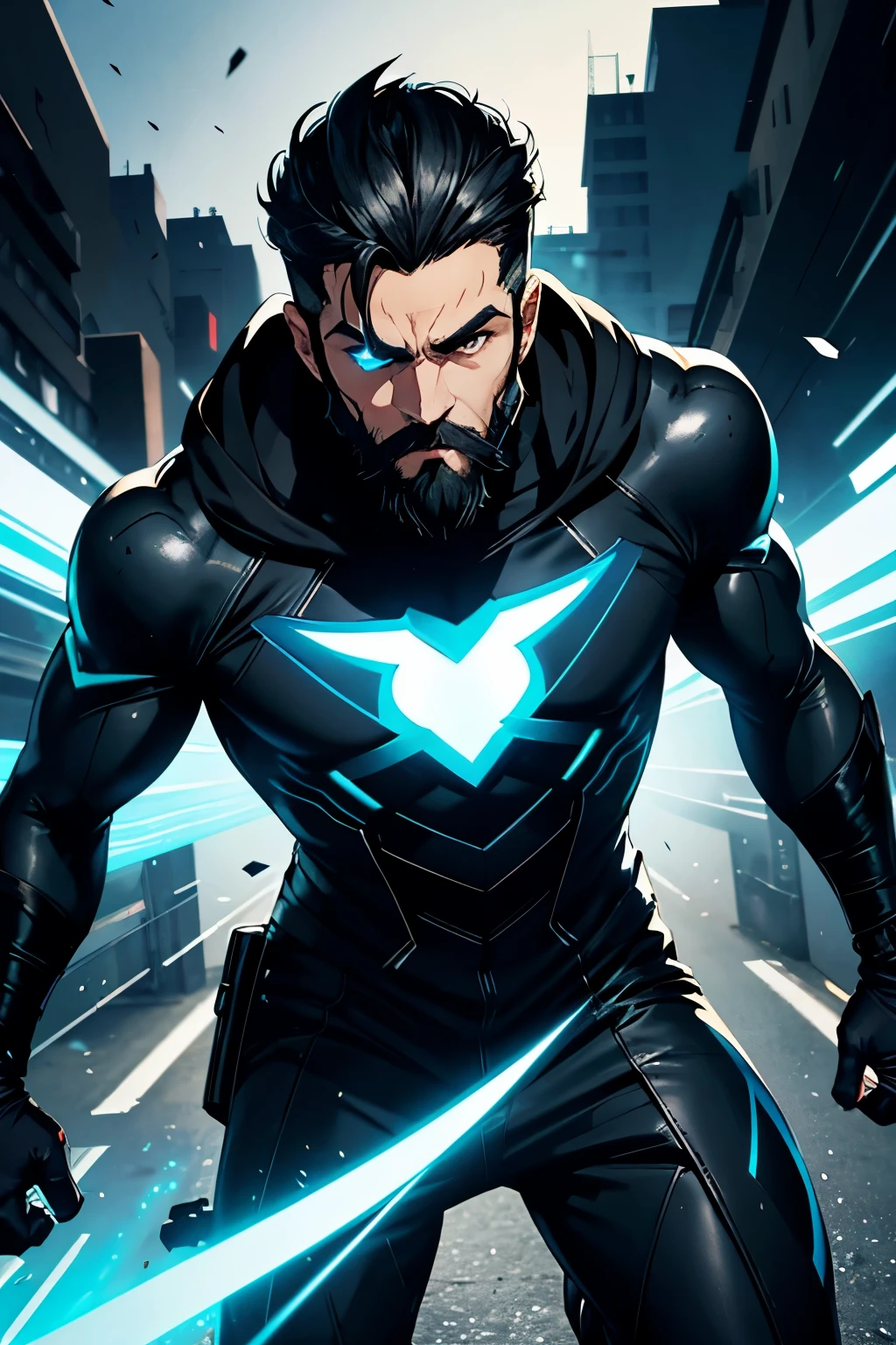 a speedster with black hair and a touch of black, has full beards with a line of white, has a full hero mask, that covers his whole face showing only his eyes, mouth and hair, blue costume, and a touch of black, looks confident, his name is bullet