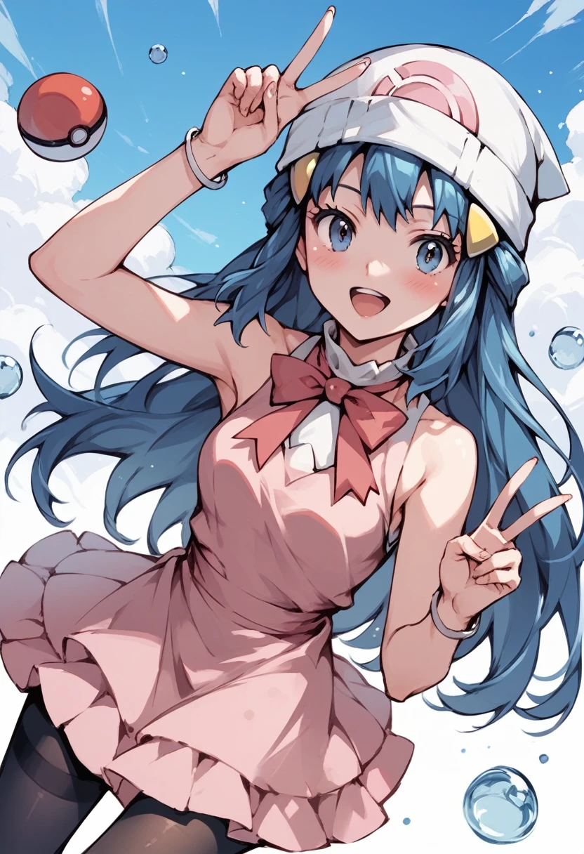 score_9, score_8_superior, score_7_superior, sauce_anime, Break 1 Girl, alone,  sketch, :3, dress, Black Pantyhose, Little, Making a peace sign, Playful, Pokemon, dawn, Blue Hair, Long Hair,