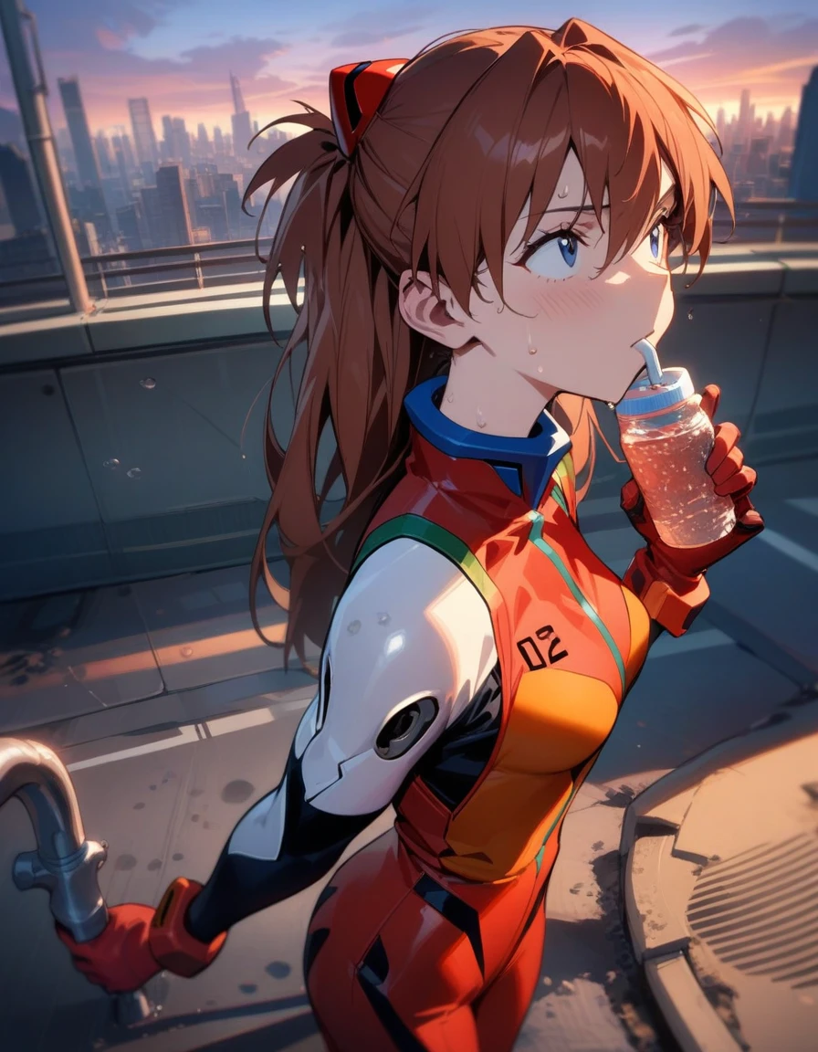 "1girl, Asuka Langley Soryu, Neon Genesis Evangelion, medium breast,athletic build, track and field uniform, red hair clips, sweaty skin, drinking water, outdoor faucet, futuristic school setting, Eva unit in distance, tired expression, relief, plug suit nearby, LCL puddle, masterpiece, best quality, very aesthetic, absurdres, detailed face, full body shot, sunset sky, neo-tokyo-3 skyline"
