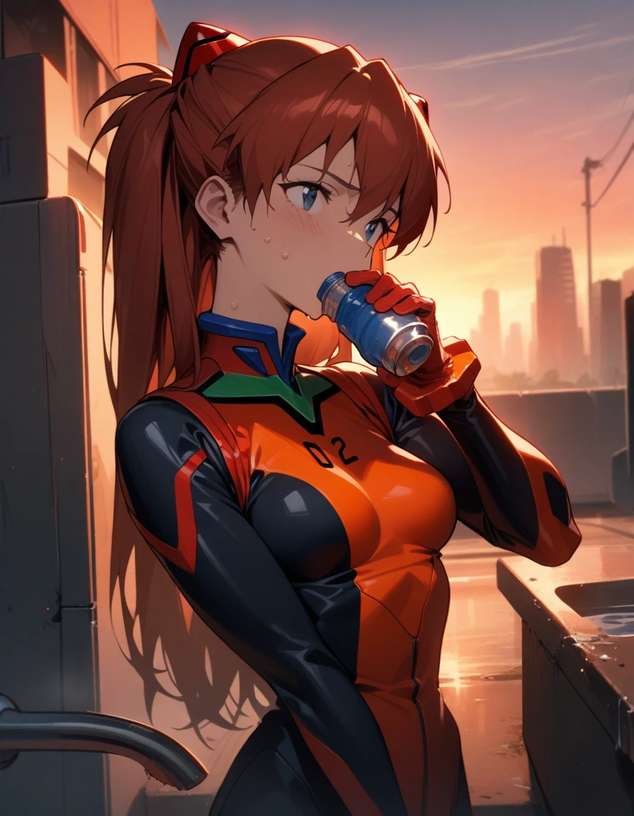"1girl, Asuka Langley Soryu, Neon Genesis Evangelion, medium breast,athletic build, track and field uniform, red hair clips, sweaty skin, drinking water, outdoor faucet, futuristic school setting, Eva unit in distance, tired expression, relief, plug suit nearby, LCL puddle, masterpiece, best quality, very aesthetic, absurdres, detailed face, full body shot, sunset sky, neo-tokyo-3 skyline"