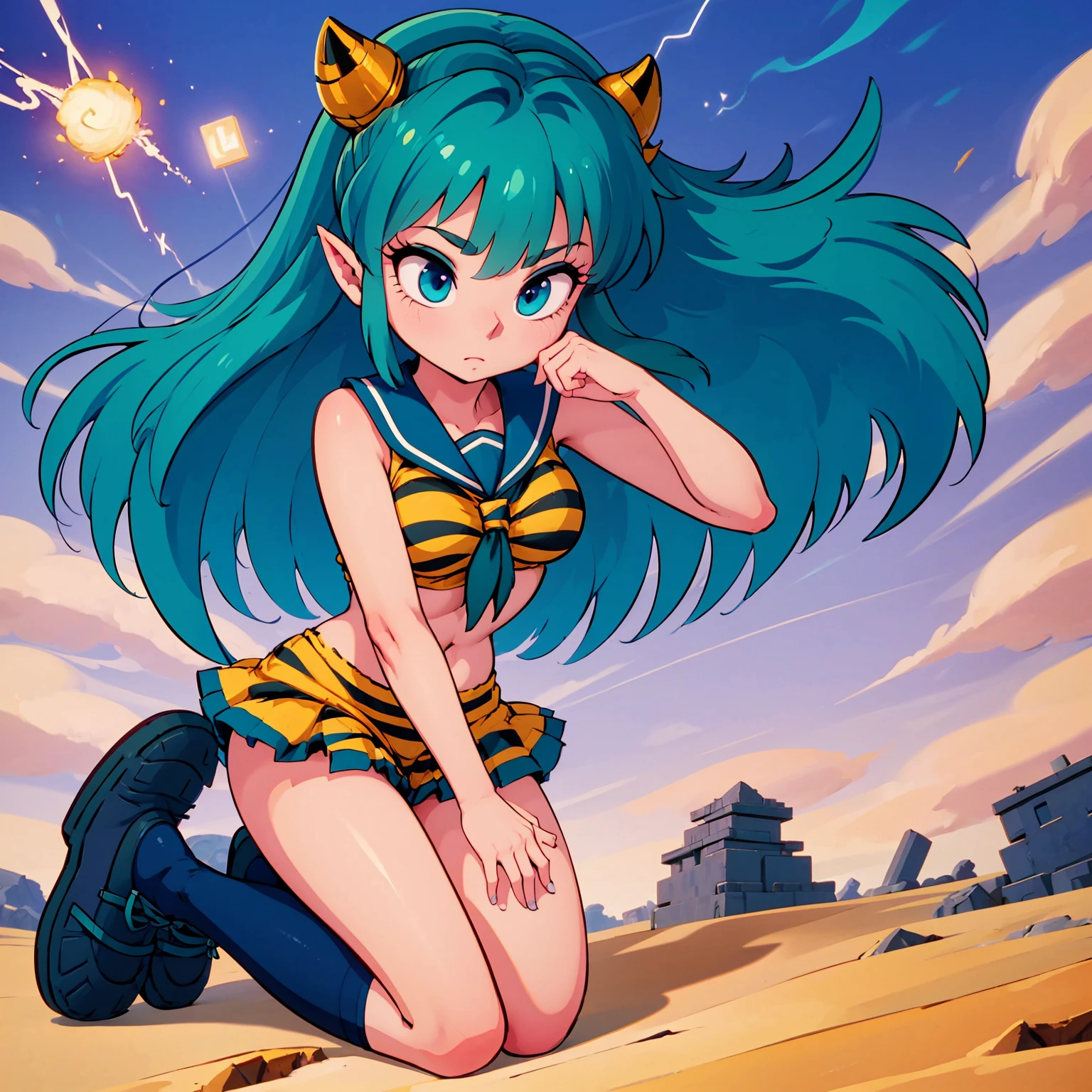 lum, long hair, bangs, blue hair, blue eyes, horns, pointy ears, aqua hair, oni horns, shirt, long sleeves, , serafuku, sailor collar, neckerchief, yellow neckerchief, shirt, blue shirt, blue sailor collar, blue skirt, eyeshadow, (score_9, score_8_up, score_7_up), masterpiece, best quality, absurdres, unity, 8k, wallpaper, hi res, dramatic lighting, detailed facial features, high quality, cinematic composition, dramatic atmosphere, digital art, concept art, 8k, ultra-detailed, professional rendering, dramatic color palette, lum, (solo:1.3), 1girl, tiny horns, riding a sci-fi motorcycle, smile, motor vehicle, skirt, riding, highly detailed face, highly detailed eyes, blue eyes, perfect anatomy, super detailed skin, (outdoors, beach, seaside, beautiful landscape, island, 1980s style, anime style, (full body), (dynamic angle, dynamic pose:1.3), (flying:1.3), floating in air, floating under seabeach, animal print, strapless_bikini, breasts, (intricate details:1.4), cleavage, large breasts, (two-tone hair, green hair, black hair:1.1), floating hair, groin, small horns, (cowboy shot), looking at viewer, navel, print bikini, swimsuit, tiger print, tiger stripes, (electrokinetic, electrokinesis, spark effect, electricity:1.3), lightning shooting from hands, epic fantasy scene, dark ominous clouds, dynamic pose, cute doodle,