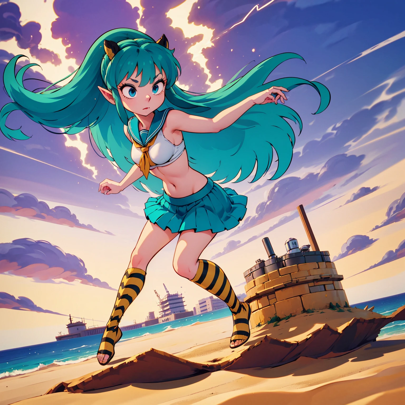 lum, long hair, bangs, blue hair, blue eyes, horns, pointy ears, aqua hair, oni horns, shirt, long sleeves, , serafuku, sailor collar, neckerchief, yellow neckerchief, shirt, blue shirt, blue sailor collar, blue skirt, eyeshadow, (score_9, score_8_up, score_7_up), masterpiece, best quality, absurdres, unity, 8k, wallpaper, hi res, dramatic lighting, detailed facial features, high quality, cinematic composition, dramatic atmosphere, digital art, concept art, 8k, ultra-detailed, professional rendering, dramatic color palette, lum, (solo:1.3), 1girl, tiny horns, riding a sci-fi motorcycle, smile, motor vehicle, skirt, riding, highly detailed face, highly detailed eyes, blue eyes, perfect anatomy, super detailed skin, (outdoors, beach, seaside, beautiful landscape, island, 1980s style, anime style, (full body), (dynamic angle, dynamic pose:1.3), (flying:1.3), floating in air, floating under seabeach, animal print, strapless_bikini, breasts, (intricate details:1.4), cleavage, large breasts, (two-tone hair, green hair, black hair:1.1), floating hair, groin, small horns, (cowboy shot), looking at viewer, navel, print bikini, swimsuit, tiger print, tiger stripes, (electrokinetic, electrokinesis, spark effect, electricity:1.3), lightning shooting from hands, epic fantasy scene, dark ominous clouds, dynamic pose, cute doodle,