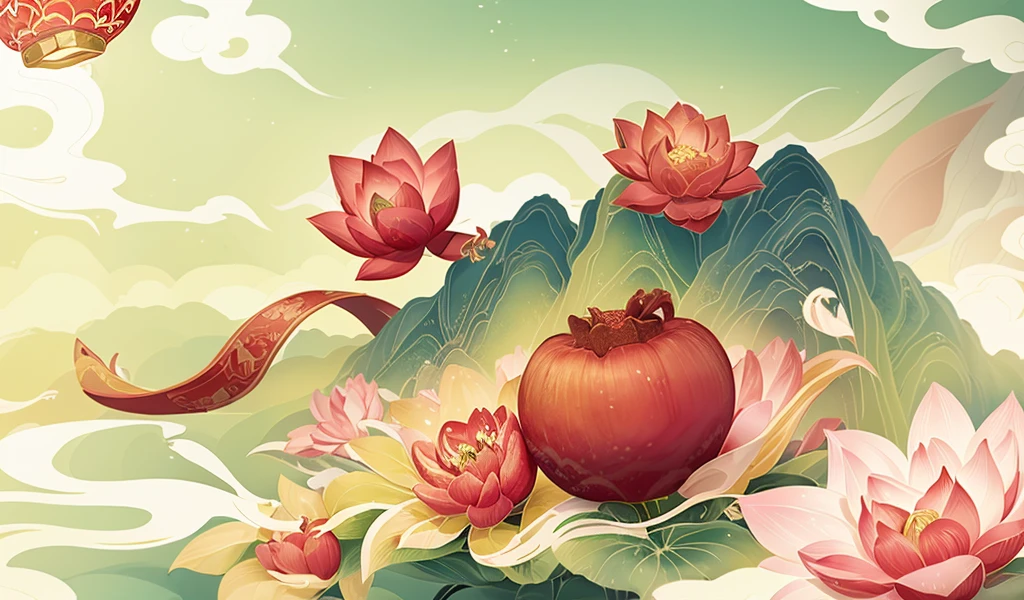 A red pomegranate, flowers and leaves, with a Chinese style, a colorful cartoon hand-drawn illustration