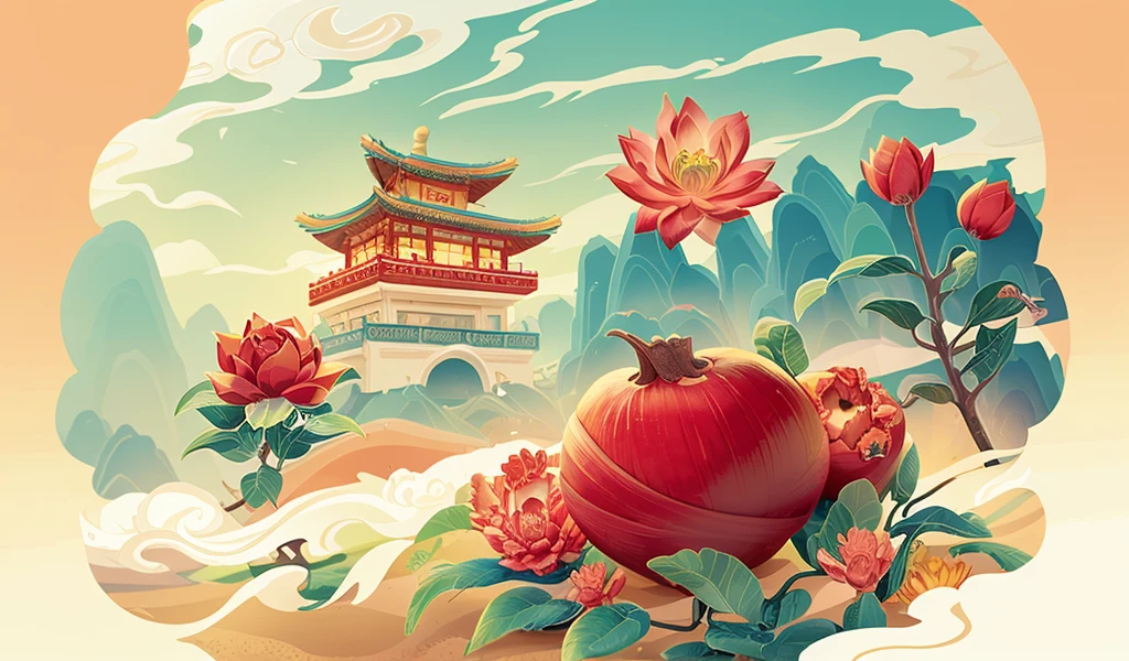 A red pomegranate, flowers and leaves, with a Chinese style, a colorful cartoon hand-drawn illustration