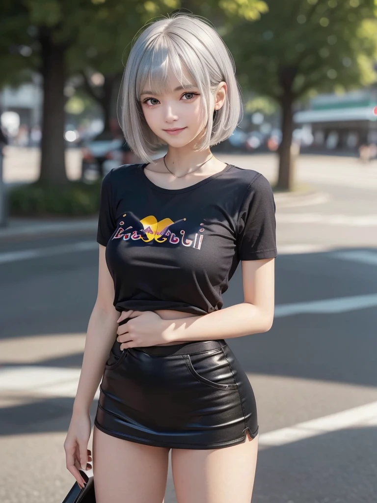 (8K, RAW Photos, Highest quality, masterpiece:1.2), (Realistic, photo-Realistic:1.4), (Highly detailed 8K wallpapers), ((Full Body Shot)), (1 girl), Sharp focus, Depth of written boundary, Cinematic lighting, Soft Light, 緻密な美しさのeye, eye_Chan, Very beautiful girl, innocent big eyes, Realistic, photo Realistic, Highly detailed cute girl, (Thin thighs), (Model Body Type), 18-year-old, ((Red Bull short sleeve t-shirt)), ((Black micro mini tight skirt)), (((Fold your arms in front of your chest and act arrogantly))), ((A happy smile)), Parted lips, Watching the audience, (On the streets of Tokyo) , (Silver Hair),(Short Bob Hair), (Asymmetrical bangs)