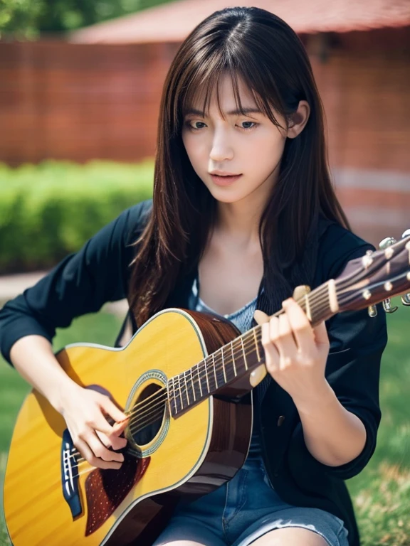 ((masterpiece, Highest quality, High resolution)), (Playing Acoustic Guitar:1.5), 1 beautiful girl, (Realistic: 1.4), Symmetrical eyes, Great face, 15 years old, Medium Hair, (Beautiful Hair:1.5), (Open your mouth:1.3), Square in front of the station, Side angle, Smooth, Highly detailed CG composite 8K wallpaper, High resolution RAW color photos, Professional photography, Light, BackLight, dream-like, impressive, Written boundary depth