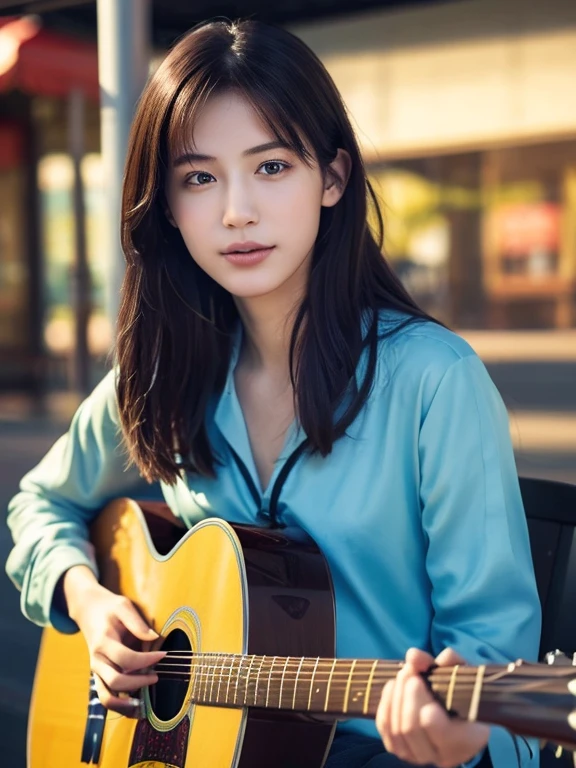 ((masterpiece, Highest quality, High resolution)), (Playing Acoustic Guitar:1.5), 1 beautiful girl, (Realistic: 1.4), Symmetrical eyes, Great face, 15 years old, Medium Hair, (Beautiful Hair:1.5), (Open your mouth:1.3), Square in front of the station, Side angle, Smooth, Highly detailed CG composite 8K wallpaper, High resolution RAW color photos, Professional photography, Light, BackLight, dream-like, impressive, Written boundary depth