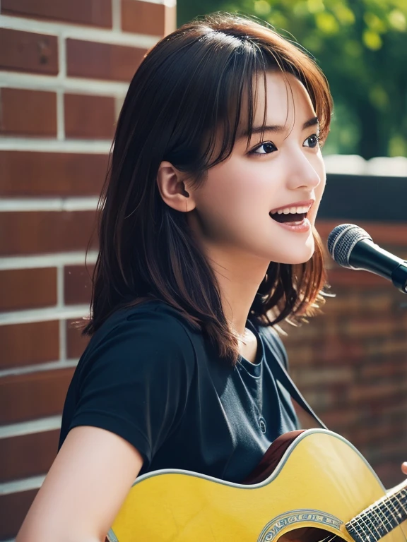 ((masterpiece, Highest quality, High resolution)), (Playing Acoustic Guitar:1.5), 1 beautiful girl, (Realistic: 1.4), Symmetrical eyes, Great face, 15 years old, Medium Hair, (Beautiful Hair:1.5), (Open your mouth:1.3), Square in front of the station, Side angle, Smooth, Highly detailed CG composite 8K wallpaper, High resolution RAW color photos, Professional photography, Light, BackLight, dream-like, impressive, Written boundary depth