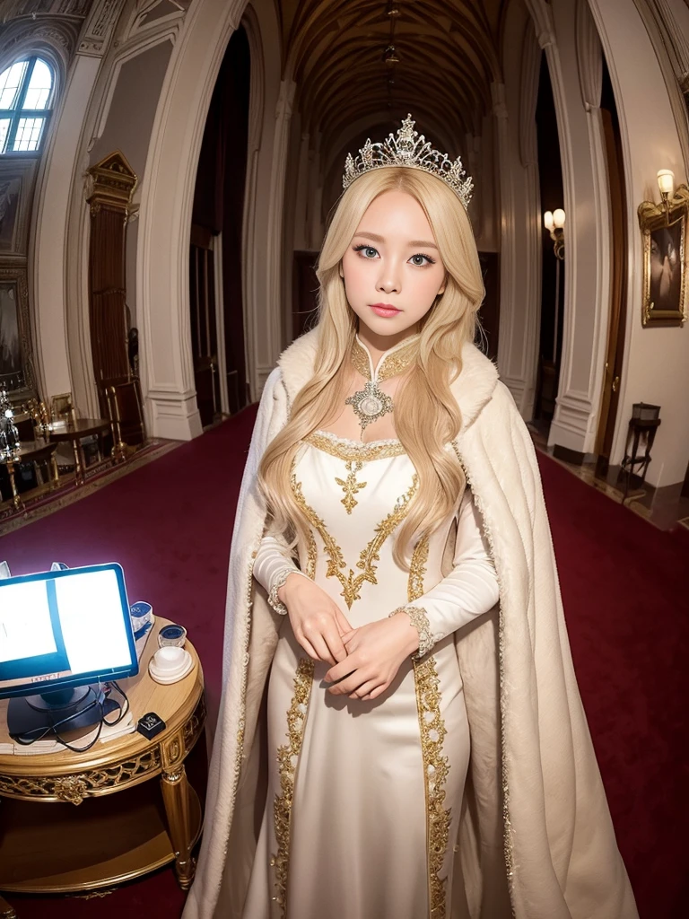 A majestic queen in a gorgeous dress。Blond Swedish woman。Fur Cape。A room in a Gothic palace。Watching the audience、((Fisheye Lens))