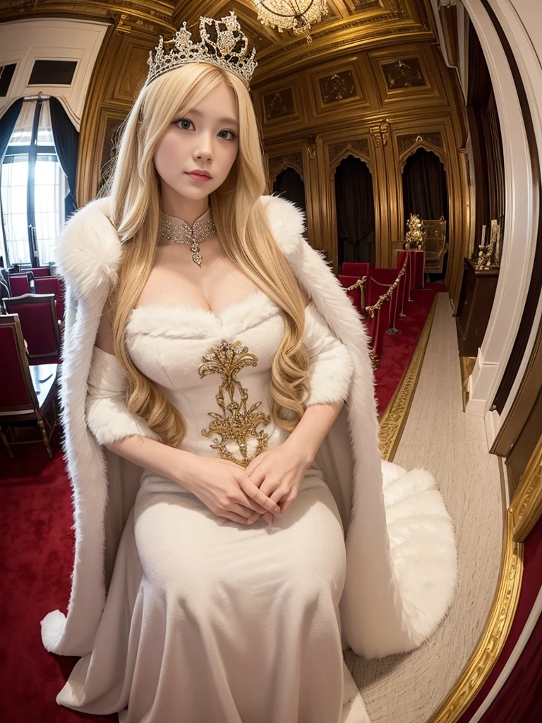 A majestic queen in a gorgeous dress。Blond Swedish woman。Fur Cape。A room in a Gothic palace。Watching the audience、((Fisheye Lens))