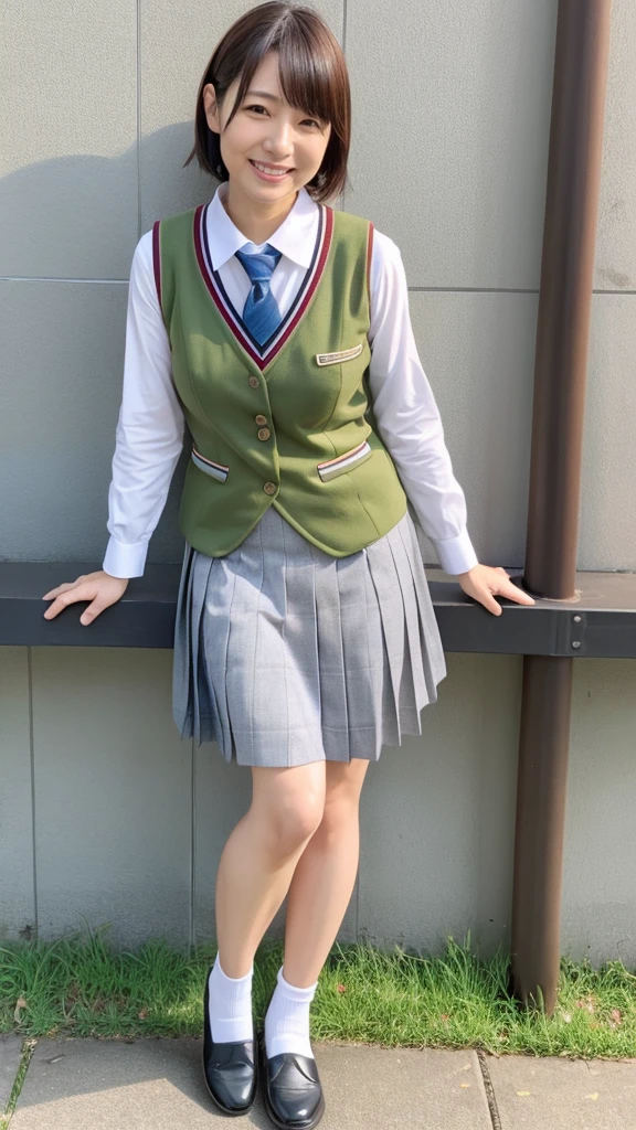 Full body angle, ((school uniform)), one woman, 40 years old, mature woman, large blests, Japanese, Shiraishi Mai, Nishino Nanase, Kitagawa Keiko, married woman, beautiful woman, pretty face, cute face, refreshing and natural smile