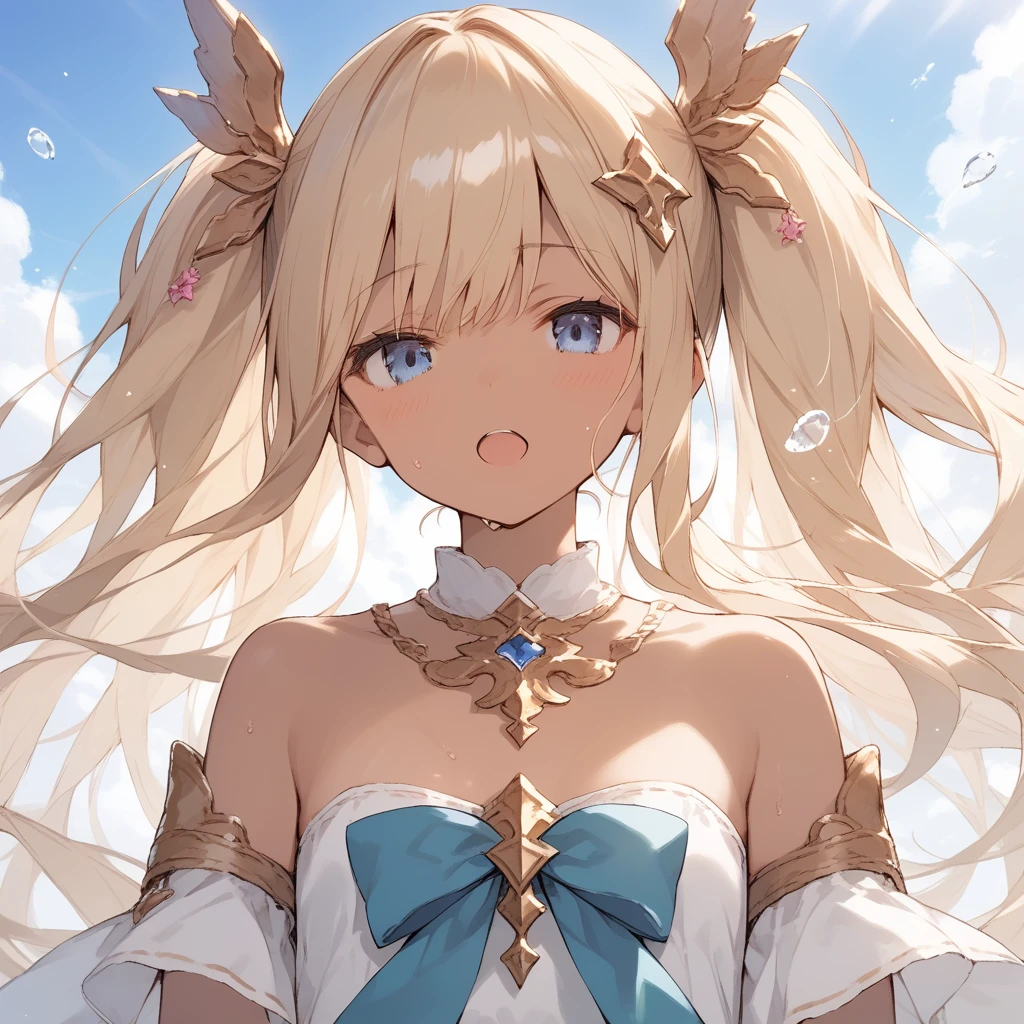 score_9, score_8_up, score_7_up, source_anime, best quality, masterpiece, official art, absurdres, highres, ultra-detailed,waifu2x,Collection: Slice of Life,break,1girl, io \(granblue fantasy\), dark-skinned female, blonde hair, blue eyes,gradient hair, hair ornament, long hair, flat chest, thighhighs, twintails, sweat, open mouth, sleepily, outdoors, wind,break,(clear line illustration:1.2), super detailed skin,very high resolution, very aesthetic, Best sexual lighting powered by famous artist, 8k,cute picture,beauty illustration,photoshop_(medium),,(Detailed Lighting),best anime 8k konachan wallpaper, pixiv contest winner,