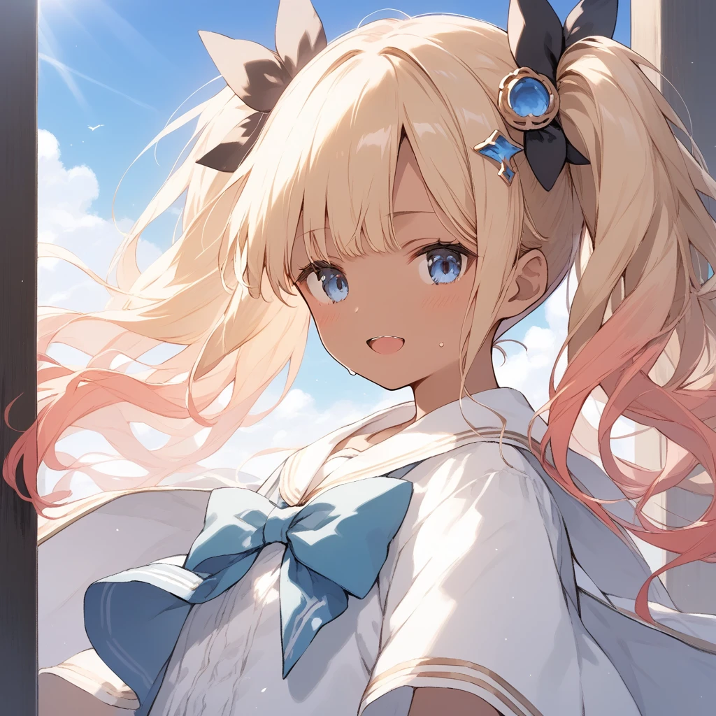 score_9, score_8_up, score_7_up, source_anime, best quality, masterpiece, official art, absurdres, highres, ultra-detailed,waifu2x,Collection: Slice of Life,break,1girl, io \(granblue fantasy\), dark-skinned female, blonde hair, blue eyes,gradient hair, hair ornament, long hair, flat chest, thighhighs, twintails, sweat, open mouth, sleepily, outdoors, wind,break,(clear line illustration:1.2), super detailed skin,very high resolution, very aesthetic, Best sexual lighting powered by famous artist, 8k,cute picture,beauty illustration,photoshop_(medium),,(Detailed Lighting),best anime 8k konachan wallpaper, pixiv contest winner,