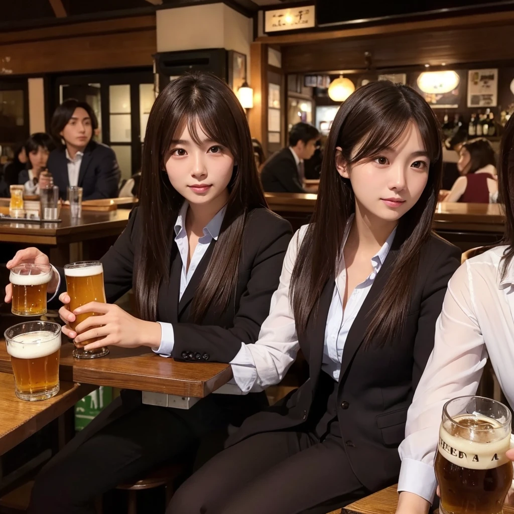 Japanese women、20-year-old women、Dark brown hair、Medium Hairstyles、OL、Wearing a suit、At the pub、There is beer、Sitting、Face-to-face angles