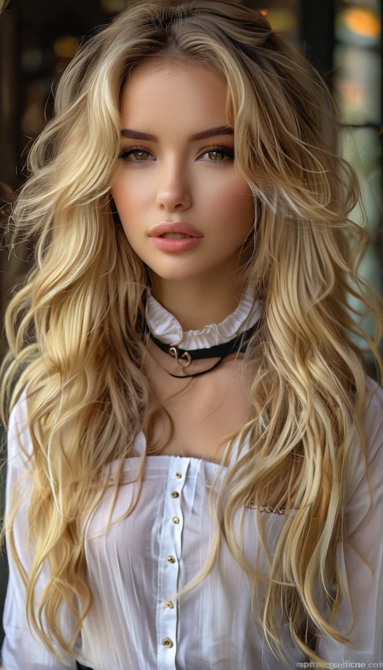A, 1 girl americana joven de 12 sños de edad, Beautifull, Alone, your voice is clear, el Long blonde hair, long and blond hair,with a subtle rosy glow on her cheeks, and carries himself with an air of elegance and poise. His eyebrows are arched and well groomed.., and her eyelashes are long and dark, highlighting her captivating brown eyes. Despite his elegant demeanor, there is an underlying force in his gaze. girl, hits, Beautifull, blurred background, Brown eyes, Brown hair, long blonde hair, See your viewers, Look for, collar, Long blonde hair, realist, shirt without , alone, Upper part of the body, wavy fur, wind
