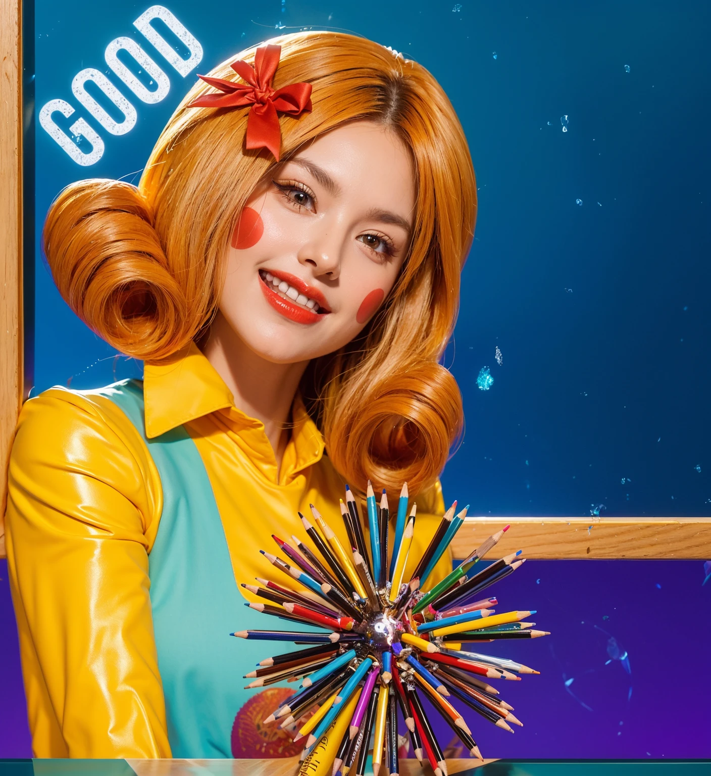 This vibrant and whimsical image features a young woman with an exuberant and playful demeanor, styled in a colorful and animated fashion. Her orange hair is styled into large, bouncy curls and adorned with a bright red bow, complementing her theatrical red cheek makeup. She wears a yellow blouse under a blue vest, adding to her cartoon-like appearance.
In her hands, she holds a novel weapon made from an array of brightly colored pencils, arranged to form a spiky ball at the center, reminiscent of a mace. This unique prop adds an imaginative and creative twist to her ensemble, blending the themes of artistry and fantasy. The background is a rich blue chalkboard, on which the word "GOOD" is prominently displayed, suggesting a positive or educational theme. The overall composition of the image is both eye-catching and charming, effectively conveying a sense of joy and creativity.ffects render, (glossy plastic texture with multiple big light probe refractions), perfect cgi, smooth silhouette, high intensity refraction, (super glossy plastic material), most beautiful vfx, , realistic, 4k, high resolution, rim light, smooth 3d model, multiple light sources, rim light, sharp post effects render,, realistic, 4k, high resolution, rim light detailed digital art, reflective, best quality, 4k, masterpiece:1.2, ultra-detailed, realistic, vivid colors, The image of the highest quality, ensuring every detail showcased perfectly. It in 4k resolution, allowing viewers to immerse themselves in the richness of the colors and intricate details. The realistic rendering. under the spotlight, reflecting, high-resolution image, realistic rendering