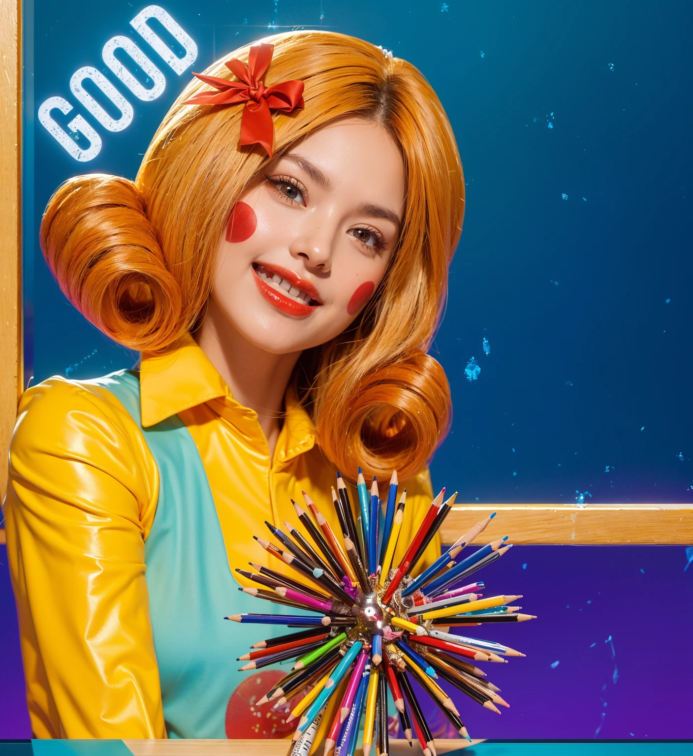 This vibrant and whimsical image features a young woman with an exuberant and playful demeanor, styled in a colorful and animated fashion. Her orange hair is styled into large, bouncy curls and adorned with a bright red bow, complementing her theatrical red cheek makeup. She wears a yellow blouse under a blue vest, adding to her cartoon-like appearance.
In her hands, she holds a novel weapon made from an array of brightly colored pencils, arranged to form a spiky ball at the center, reminiscent of a mace. This unique prop adds an imaginative and creative twist to her ensemble, blending the themes of artistry and fantasy. The background is a rich blue chalkboard, on which the word "GOOD" is prominently displayed, suggesting a positive or educational theme. The overall composition of the image is both eye-catching and charming, effectively conveying a sense of joy and creativity.ffects render, (glossy plastic texture with multiple big light probe refractions), perfect cgi, smooth silhouette, high intensity refraction, (super glossy plastic material), most beautiful vfx, , realistic, 4k, high resolution, rim light, smooth 3d model, multiple light sources, rim light, sharp post effects render,, realistic, 4k, high resolution, rim light detailed digital art, reflective, best quality, 4k, masterpiece:1.2, ultra-detailed, realistic, vivid colors, The image of the highest quality, ensuring every detail showcased perfectly. It in 4k resolution, allowing viewers to immerse themselves in the richness of the colors and intricate details. The realistic rendering. under the spotlight, reflecting, high-resolution image, realistic rendering