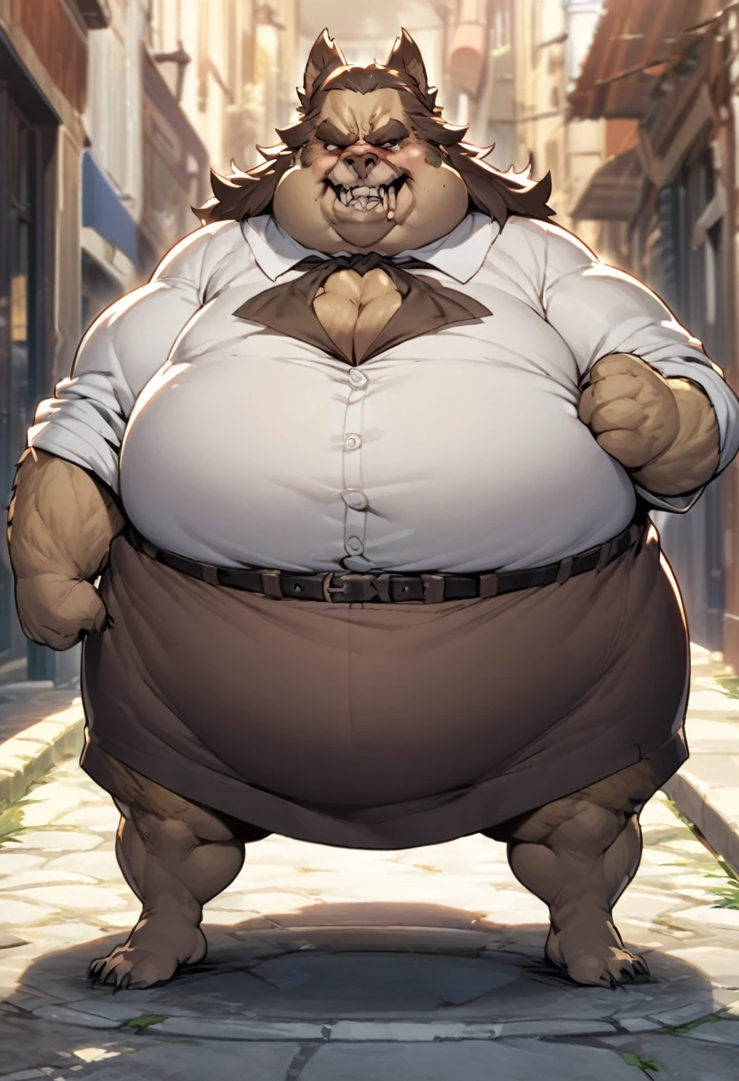 Epic Dungeons and Dragons Zootopia style, All Citizen obese Zootopia village, Dungeons and Dragons Zootopia obese quest style, wearing ragged and poor clothes, He returns from his adventure with a huge, obese muscle body as a reward for his adventure walking through the town proud of his size, Anime serie,  Chubby, fat, male  middle aged, anthro lion, thin beard, flirting  , big chest, dynamic light, tall, opened Shirt, thick shirt ,Gray hair and beard, extremely hot and sexy, Daddy figure, hot daddy, boss, by darkgem, by zixiong, by glitter trap boy