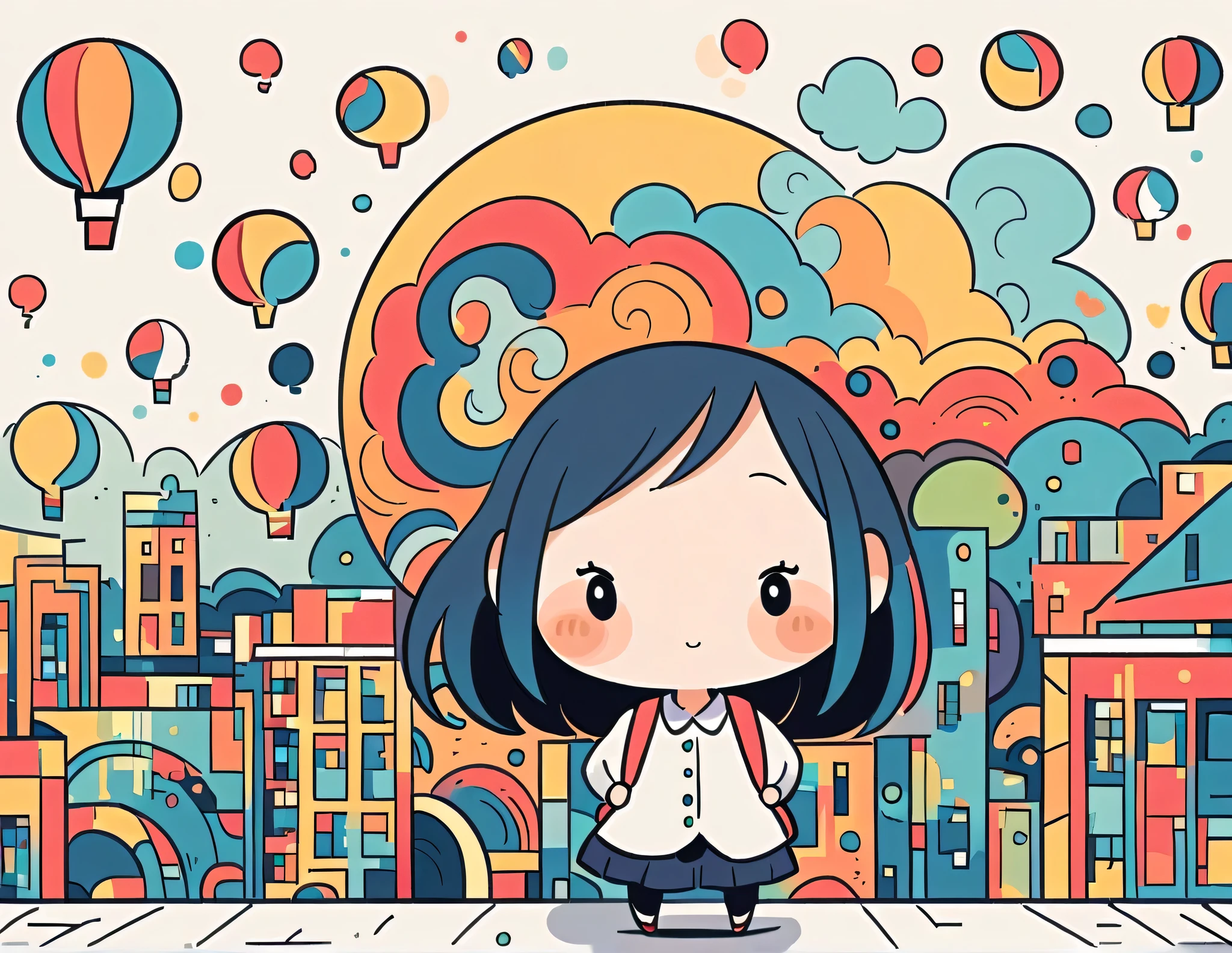 Hayao Miyazaki style, Standing in front of a high wall,Girl with backpack on rooftop,My backpack is full of happy spring,Simple Line Initialism,Abstract art,Urban Background, (((The most beautiful girl))), (((chibi)))