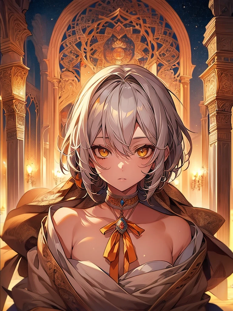 masterpiece, Highest quality, Perfect Face, Highest Resolution, Highest quality,Detailed depiction of the eyes, 1 girl, young, deep tan skin, slate gray hair, short hair, upturned eyes, Yellow Orange eyes, Perfect Anatomy, Arabian, ribbon choker,arabian city, night
