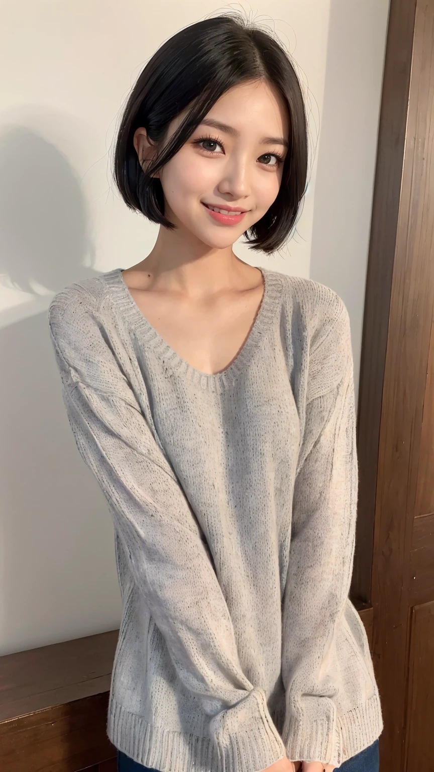 (masterpiece, Highest quality, Highest quality, High resolution, Realistic:1.2), Gray blank background, (Bright lighting, Professional Lighting), One Woman, Realistic Skin, Fine skin, Beautiful Skin, expensive, (Black Hair, Short Bob Cut, middle part), (Heavy makeup for a date, Eyelash extensions, Fine grain, Iris, Carefully drawn eyes, View your viewers, cute, Grin:1.2), (Lean upper body, Muscular body:1.2), (Summer Sweater,Roll up your sleeves:1.3), A kind smile, Small teeth visible, Upper Body Shot