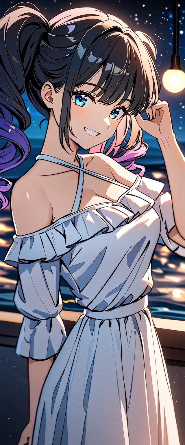 ((masterpiece, Highest quality, Highest quality, Official Art, beautifully、beautiful:1.2)),((masterpiece)),((Vibrant colors)),((Ayako Katagiri)),((幸せそうなsmile)),((smile)),((looks fun)),(Seaside),(Big Breasts),(((Side bust))),(sunset),(Skin exposed),(Cool)