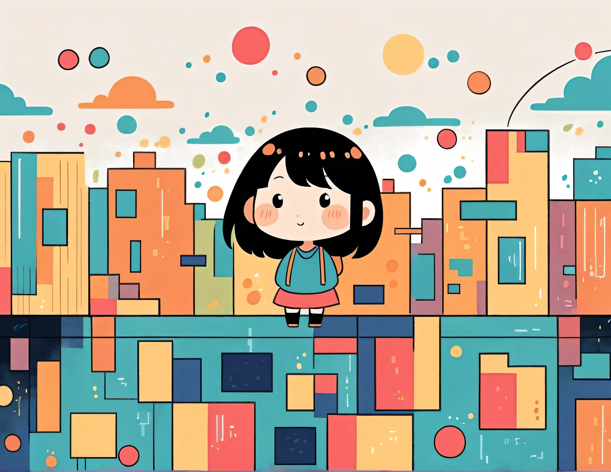Hayao Miyazaki style, Standing in front of a high wall，Girl with backpack on rooftop，My backpack is full of happy spring，Simple Line Initialism，Abstract art，Urban Background, (((The most beautiful girl))), (((chibi)))