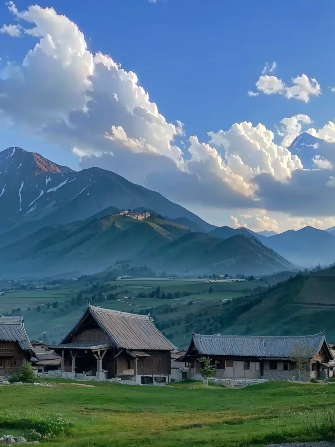 Mountains in the distance,There are several houses in the foreground, villages at background, village, Mountains in the background, 8K)), In the valley, Mountains in the background, Mountains in the background, very scenery is beautiful, 背景中的village庄, scenery is beautiful, Alexander Runciman, Valle encantador, 4 0 9 6, In the mountains