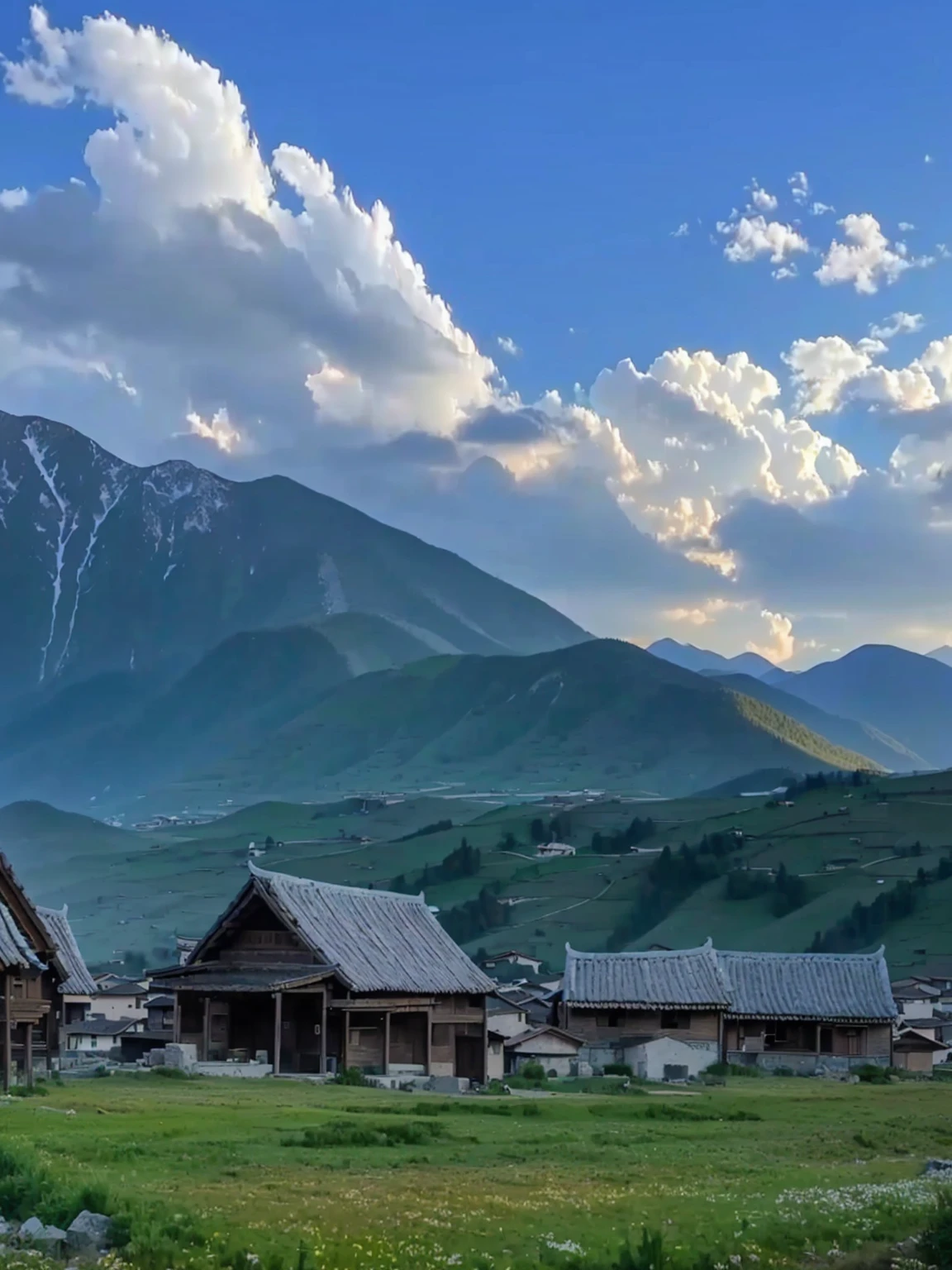 Mountains in the distance，There are several houses in the foreground, villages at background, village, Mountains in the background, 8K)), In the valley, Mountains in the background, Mountains in the background, very scenery is beautiful, 背景中的village庄, scenery is beautiful, Alexander Runciman, Valle encantador, 4 0 9 6, In the mountains