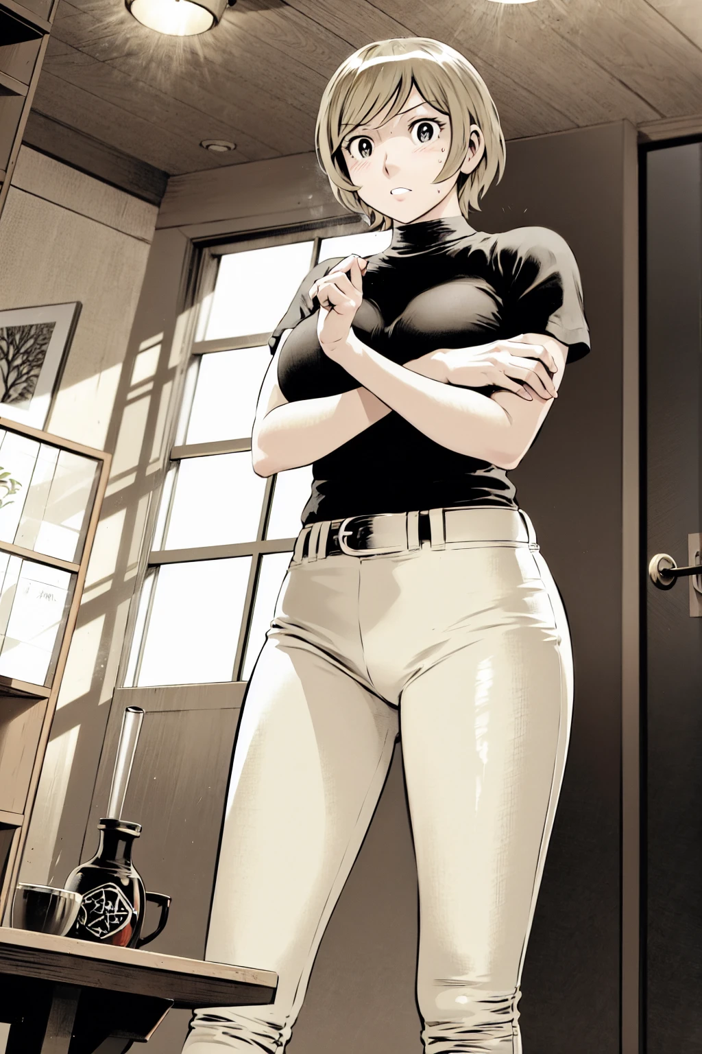 、(masterpiece、Highest quality)、Highest quality, Ultra-high resolution, (((masterpiece))), alone, Sweat、Big eyes,Tight black shirt、Tight white pants、belt、indoor、Composition from the front、(Cut the back hair short、short hair、blonde、woman)、Shortcuts、Embarrassed face、Cut your hair short、可愛いwomanの子、Big Breasts、office